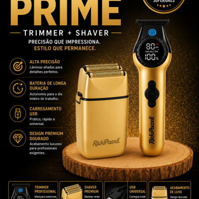 Pack barba Prime RickiParodi com trimmer e shaver dourados em suporte de madeira e informações do produto em fundo preto.