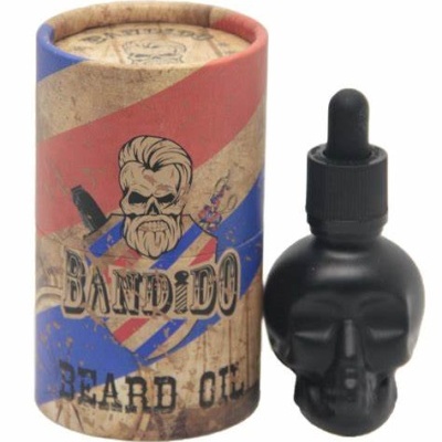 Frasco preto em forma de caveira e embalagem cilíndrica com texto Bandido Beard Oil