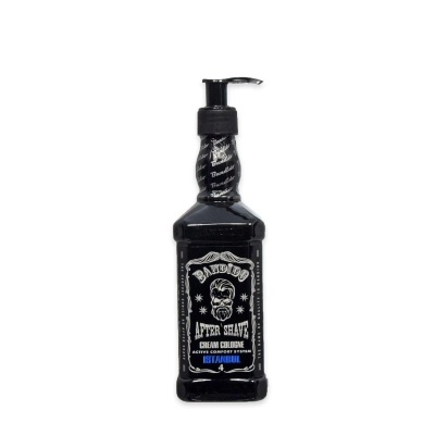 Frasco preto com doseador de creme pós-barba Daudios em fundo branco