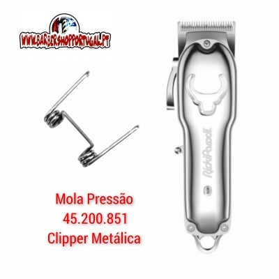 Aparador de cabelo metálico prateado com mola de pressão e texto promocional