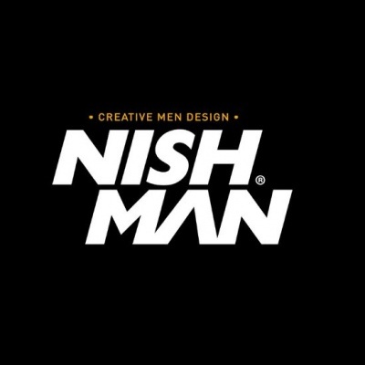 Logótipo NISH MAN com texto 'CREATIVE MEN DESIGN' em fundo preto