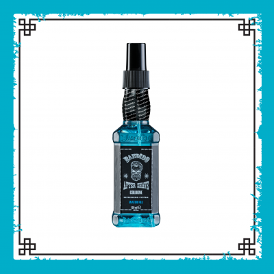 Frasco azul com spray e rótulo preto e branco de colónia