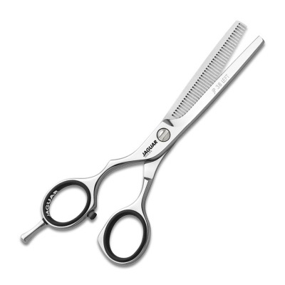 Tesoura de cabelo JAGUAR em aço inoxidável com empunhadura preta e lâmina dentada