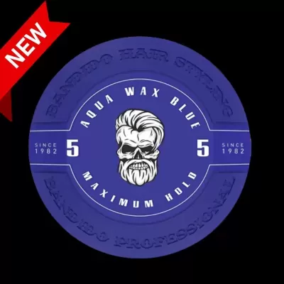 Embalagem circular azul de cera para cabelo Aqua Wax Blue com caveira estilizada e selo NEW.