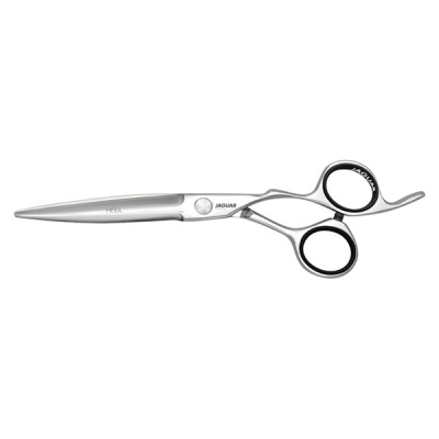 Tesoura profissional metálica prateada com detalhes pretos