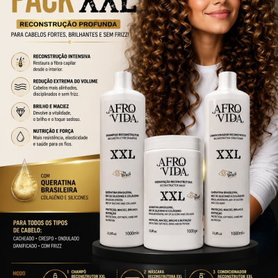 Kit Afro Vida Pack XXL com duas embalagens brancas e modelo com cabelo encaracolado