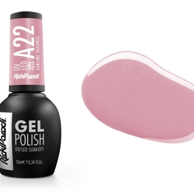 Frasco de esmalte em gel preto com rótulo rosa e amostra da cor rosa claro.