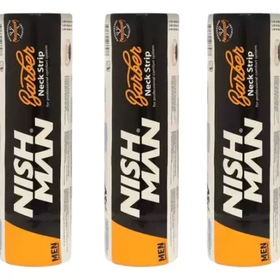 Três embalagens pretas, brancas e laranjas do produto NISH MAN Panther Neck Strip para homens.