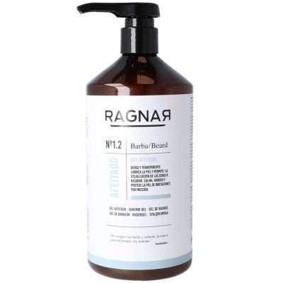 Frasco de plástico castanho com doseador preto e rótulo branco com texto de produto para barba RAGNAR Nº 1.2