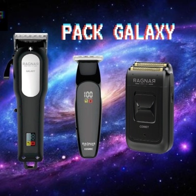 Três máquinas de barbear RAGNAR com fundo de galáxia e texto PACK GALAXY