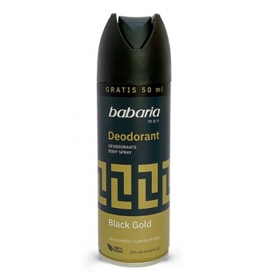 Desodorizante spray Babaria Men Black Gold em lata preta e dourada