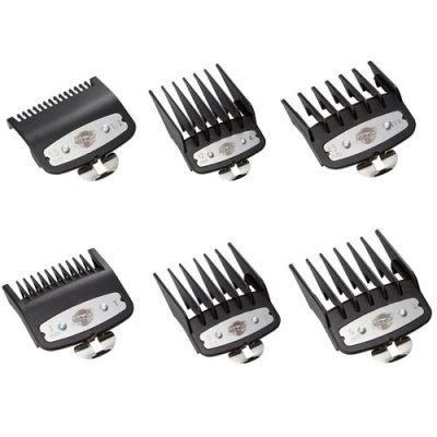 Seis pentes de corte para máquina de barbear em plástico preto e metal prateado