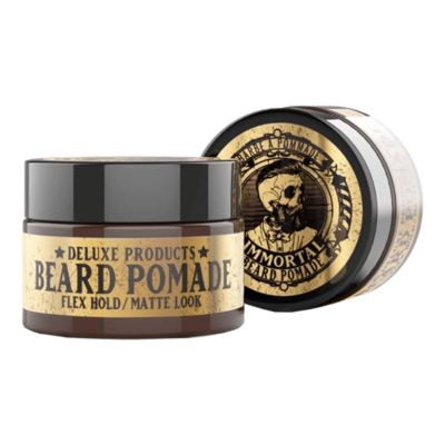 Dois frascos de pomada para barba Deluxe Products com rótulo bege e preto, uma tampa preta