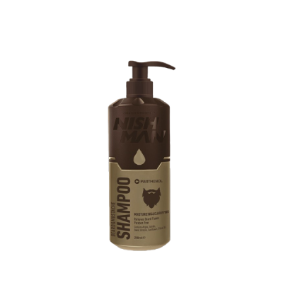 Frasco de shampoo para barba e bigode NISH MAN castanho e bege com texto e bomba.