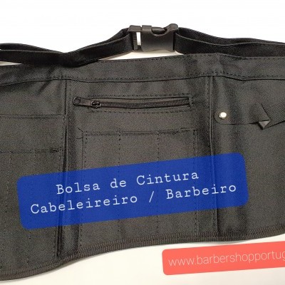 Bolsa de cintura preta para cabeleireiro ou barbeiro com texto e etiqueta visíveis