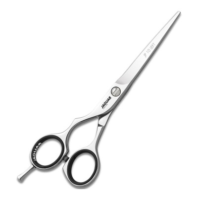 Tesoura de salão metálica prateada com punhos pretos e marca JAGUAR