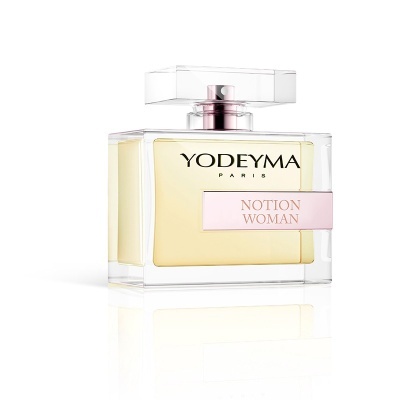 Frasco de perfume YODEYMA PARIS NOTION WOMAN em vidro transparente com líquido amarelo e tampa retangular
