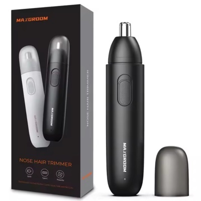 Aparador de pêlos do nariz Maxgroom preto com tampa e embalagem