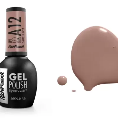 Frasco de verniz gel preto com tampa rosa claro e amostra da cor do verniz