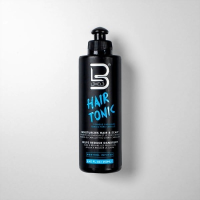 Frasco preto de Hair Tonic Level 3 com texto azul e branco