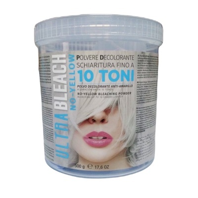 Pote de pó descolorante Ultra Bleach No-Yellow com imagem de rosto feminino