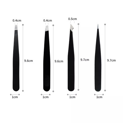 Quatro pinças pretas de metal com diferentes pontas e medidas visíveis