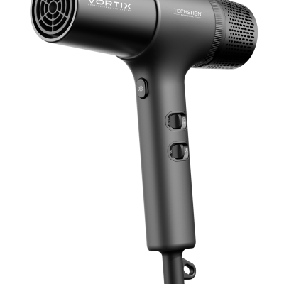 Secador de cabelo preto mate com texto VORTIX e TECHSHEN
