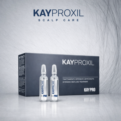 Caixa cinza escura e duas ampolas transparentes de tratamento capilar KAYPROXIL K/PRO