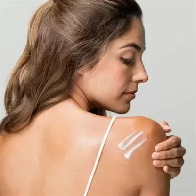 Mulher aplicando creme branco no ombro nu com alça branca visível