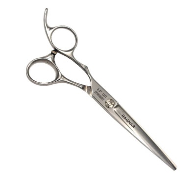 Tesoura de corte de cabelo profissional em metal prateado com texto RAGNAR