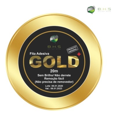 Fita adesiva dourada com etiqueta preta e texto informativo