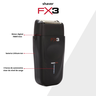 Aparelho de barbear eléctrico preto FX3 com características técnicas e marcas visíveis