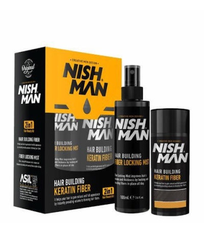 Conjunto NISH MAN Hair Building Keratin Fiber 2 em 1 com frasco spray e aplicador em bastão