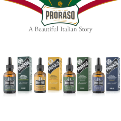 Cinco frascos PRORASO com conta-gotas e embalagens coloridas em fundo branco