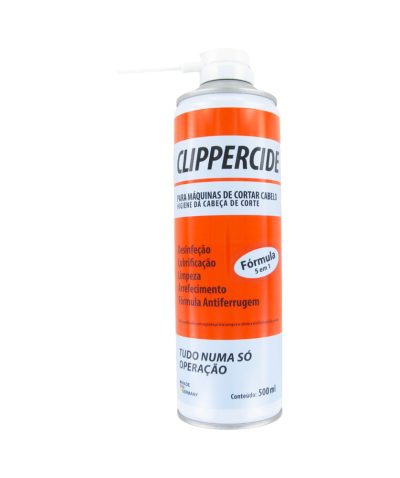 Spray para máquinas de cortar cabelo em lata com rótulo laranja e branco