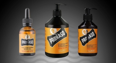 Produtos Proraso para barba com rótulos laranja e preto.