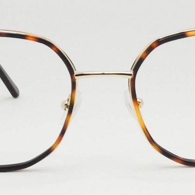 Óculos de grau com armação redonda padrão tartaruga castanho e preto e hastes douradas