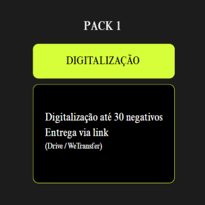 Texto com oferta de digitalização de negativos até 30 unidades com entrega via link