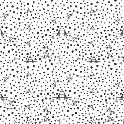 Pano branco com pontos pretos e desenhos de tendas em padrão repetitivo