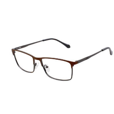 Óculos de armação metálica castanha e preta com lentes transparentes