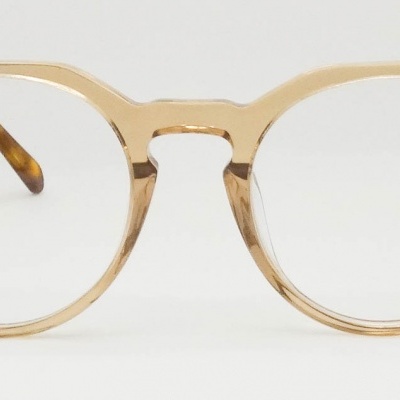 Óculos de armação redonda transparente castanho claro com detalhes dourados