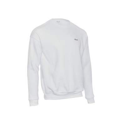 Sweatshirt branca com gola redonda e texto pequeno preto no peito