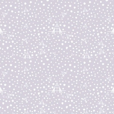 Papel de parede lilás claro com padrão geométrico branco e pontos que simulam neve