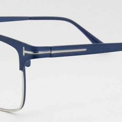 Óculos de armação metálica azul escuro semi-rimless com lentes transparentes