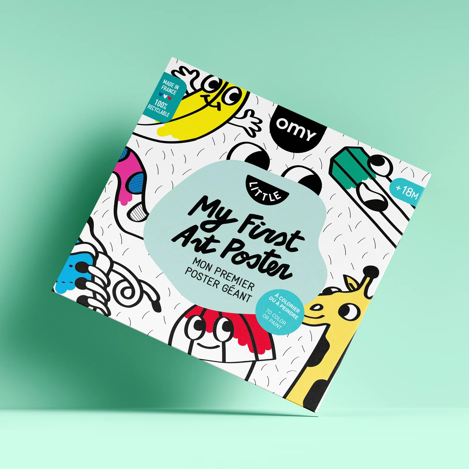 Caixa de kit de arte infantil colorido com texto e ilustrações divertidas