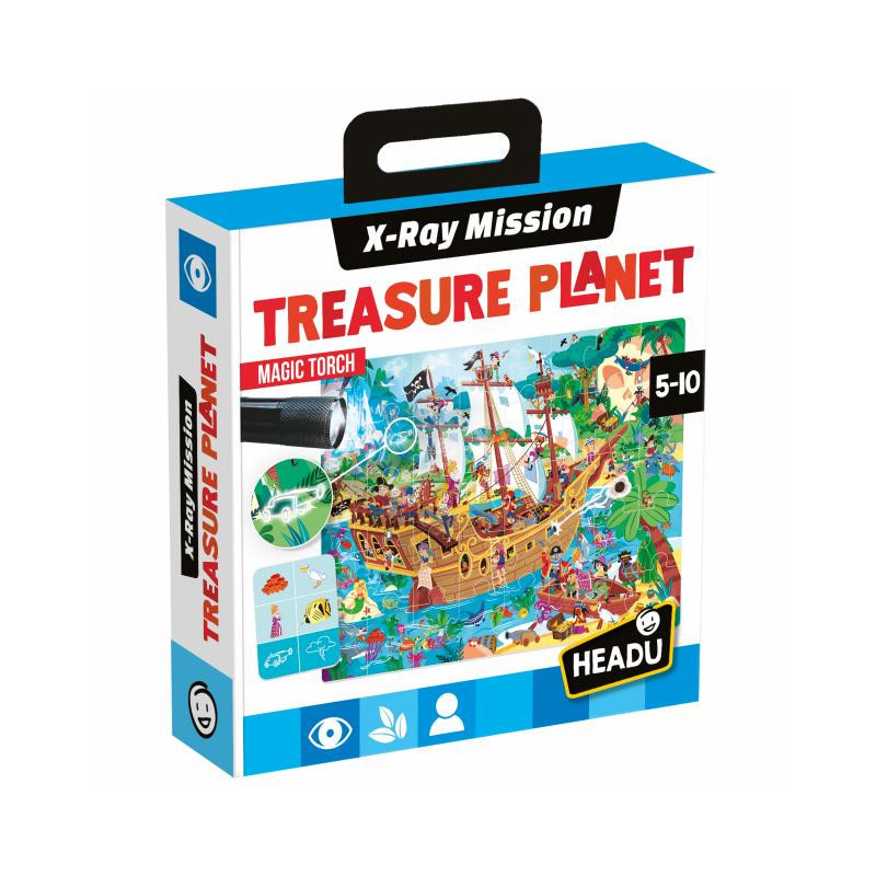 Caixa de jogo educativo X-Ray Mission Treasure Planet com lanterna mágica e ilustração de navio pirata