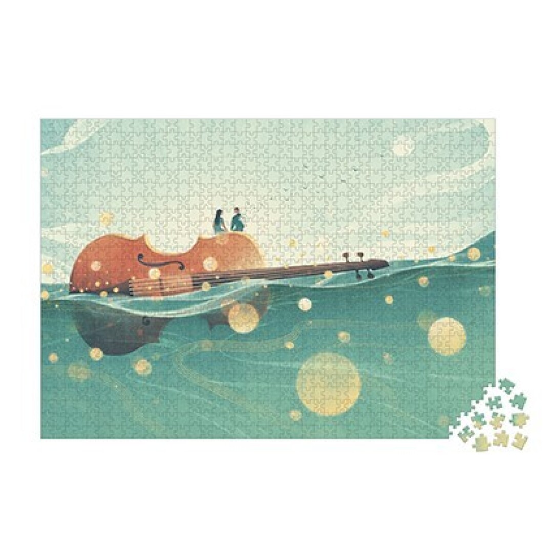 Puzzle com imagem de violoncelo submerso e duas figuras sentadas no topo