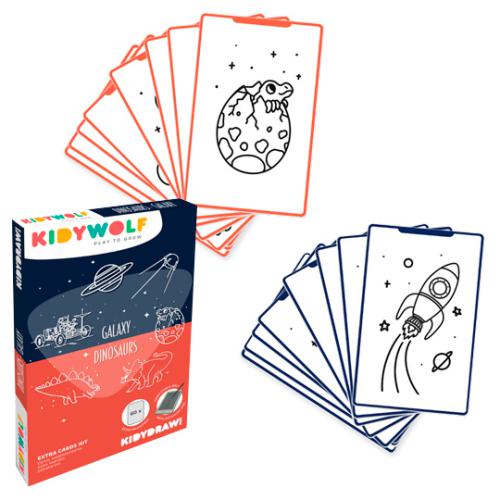 Cartas para desenhar temas galáxia e dinossauros com desenhos a preto e branco e caixa colorida