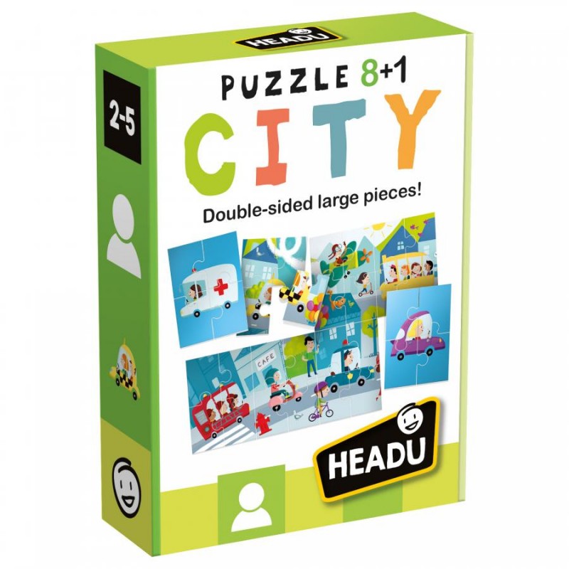 Embalagem de puzzle infantil colorido com imagens de cidade e texto 'PUZZLE 8+1 CITY'.