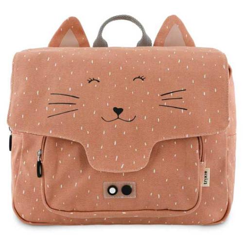 Mochila rosa com padrão de pontos e rosto de gato bordado